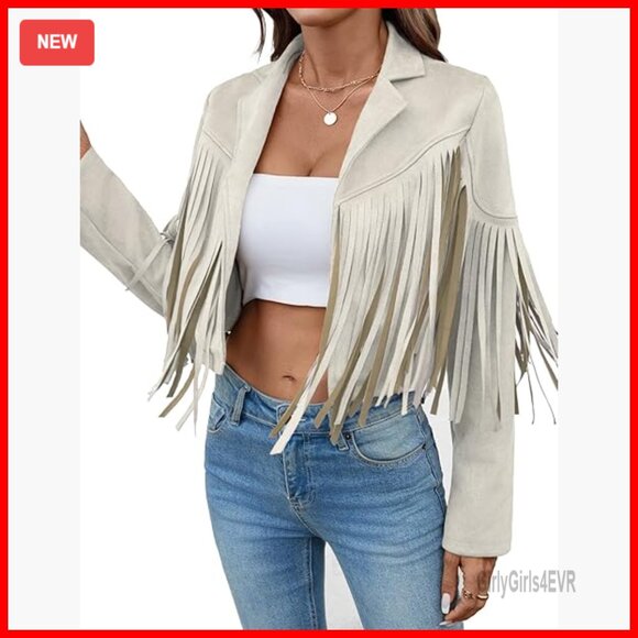 Faux Suede Cropped Jacket with Fringe Tassels Lined Western Style
